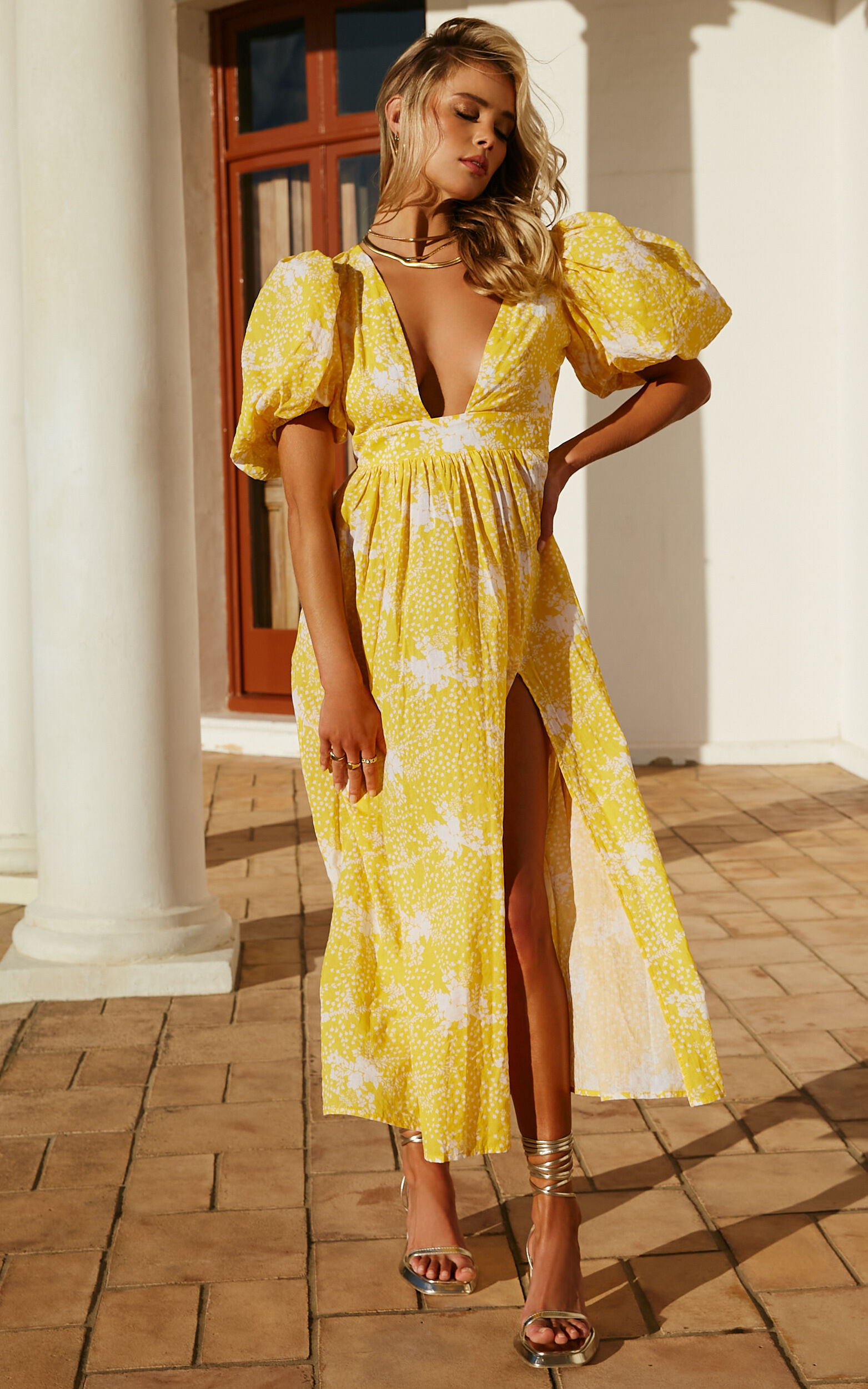 Ailiza Midi Dress - Puff Sleeve Open Back Dress in Yellow Floral | Showpo (US, UK & Europe)