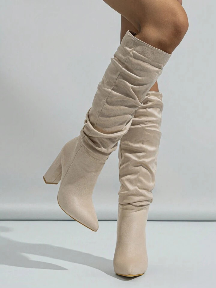 Botas de moda para mujeres de punta arrugado grueso tacón alto sin cordones | SHEIN