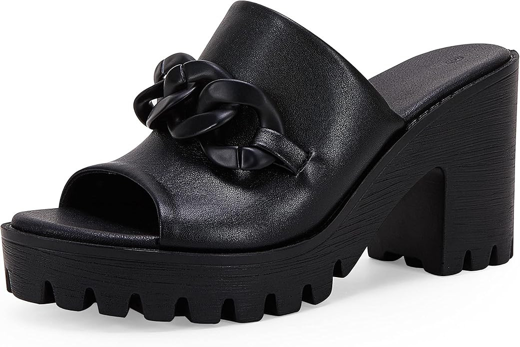 Women's Chunky High Heel Mules Open Peep Toe Sandals Cutout Slip on Slides with Chain | Amazon (US)