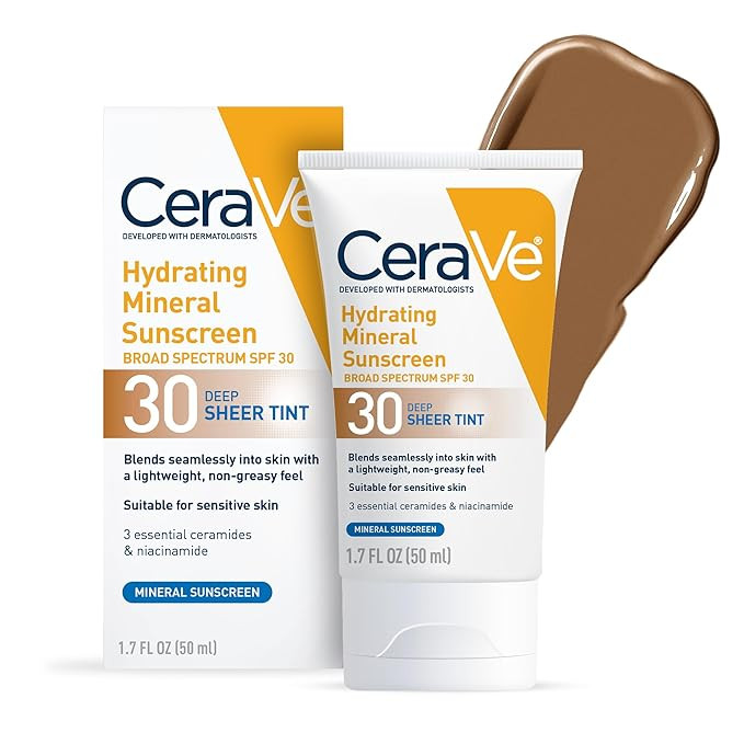 CeraVe Hydrating Mineral Sunscreen SPF 30 with Sheer Tint, Tinted Mineral Sunscreen with Zinc Oxi... | Amazon (US)