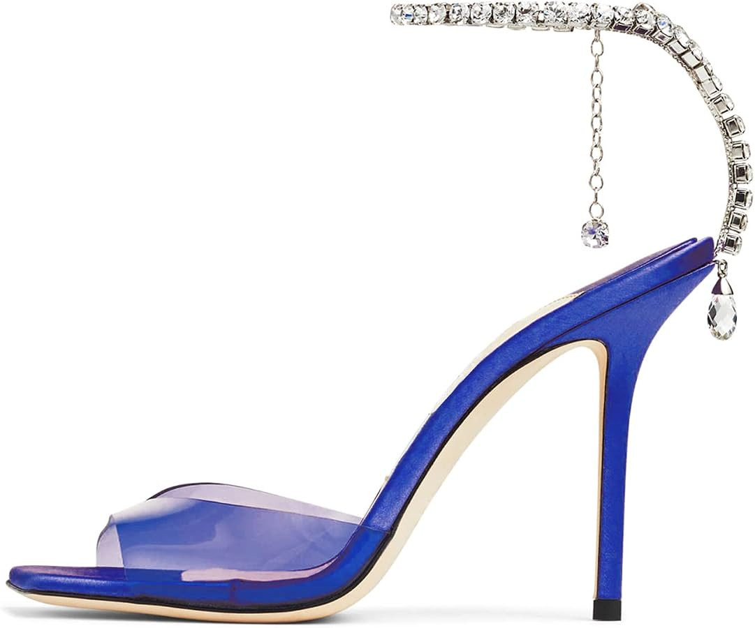 BlingQueen Women's Heeled Sandals Crystal Chain Ankle Strap Rhinestone Buckle Square Open Toe Sti... | Amazon (US)