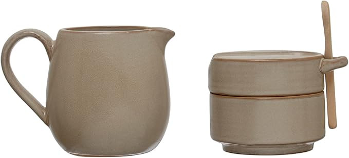 Bloomingville Stoneware Creamer and Sugar Pot with Wood Spoon Food Storage, 4" L x 3" W x 4" H, C... | Amazon (US)