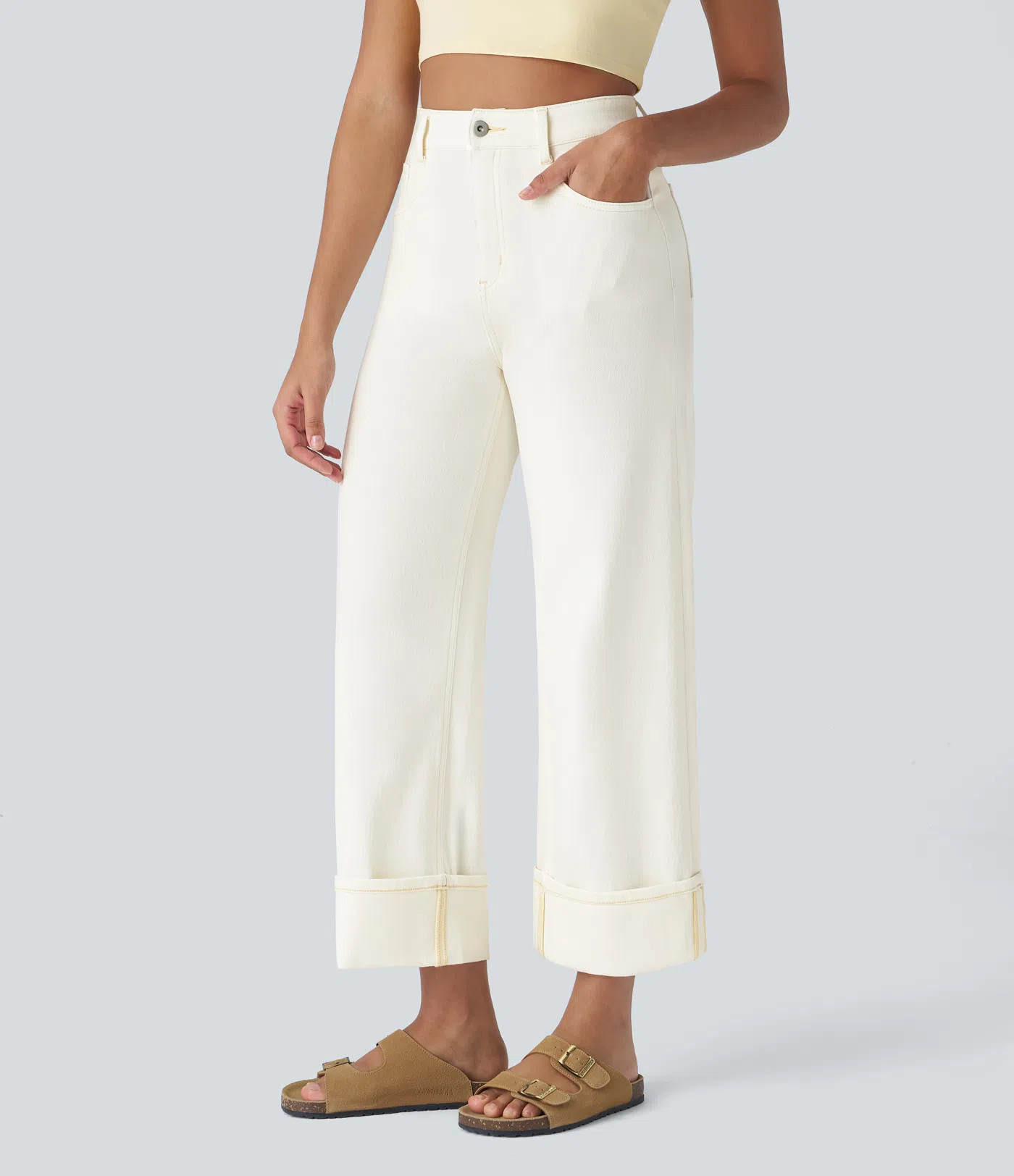 Women’s Halara Flex™ High Waisted Pockets Rolled Hem Wide Leg Washed Casual Jeans - Halara | HALARA