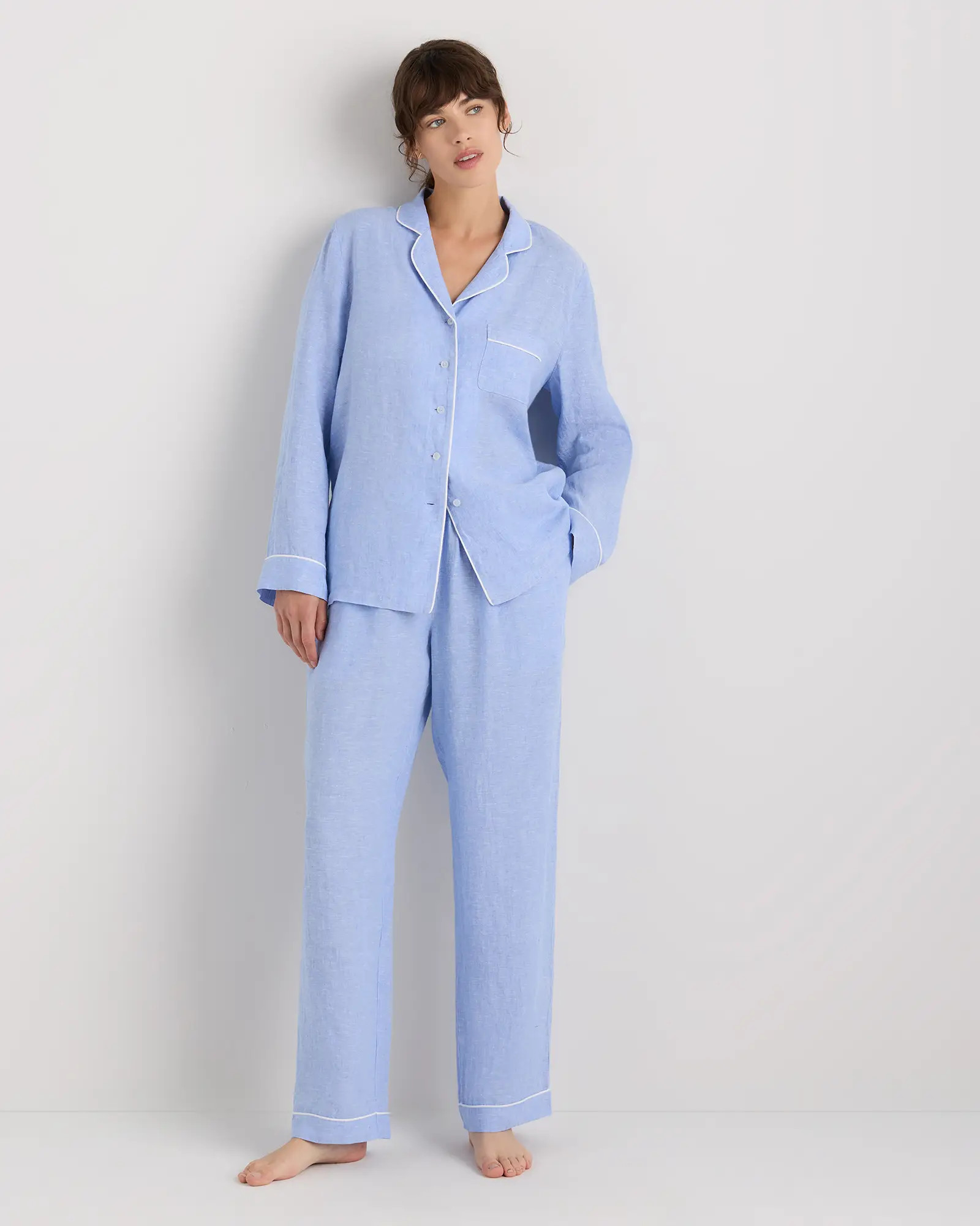 100% European Linen Long Sleeve Pajama Set with Piping in French Blue | Quince