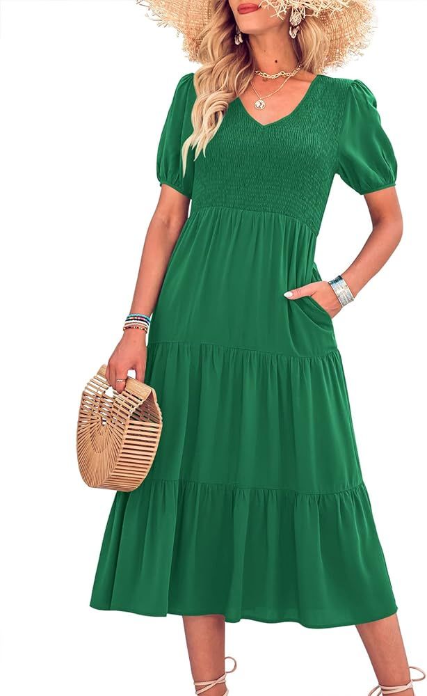 LOGENE Womens Summer V Neck Short Sleeve Bodice Midi Dress Tiered Panel Skirt with Pockets | Amazon (US)