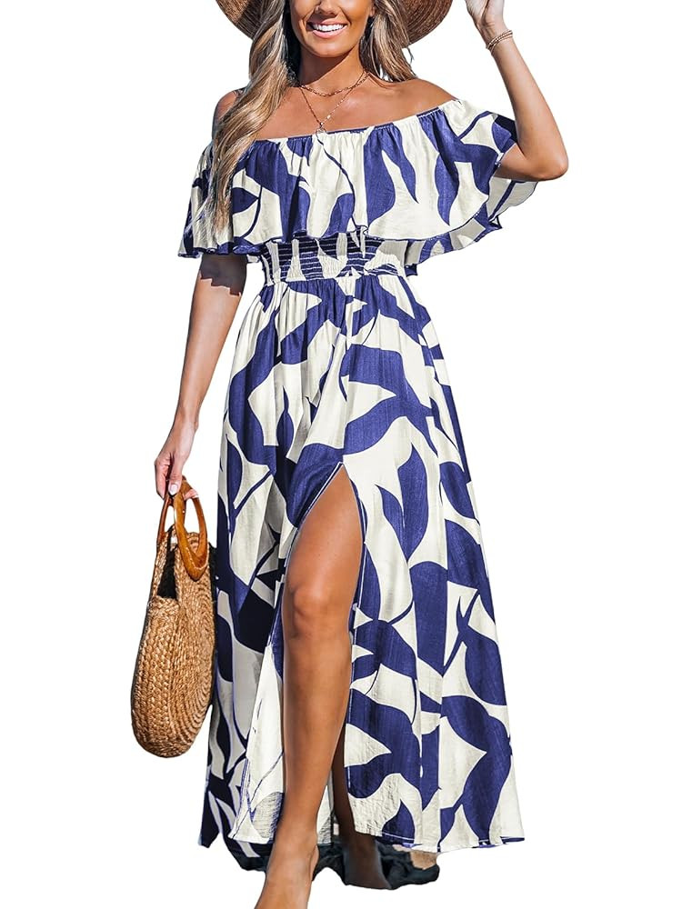 CUPSHE Women Ruffle Floral Maxi Summer Dress Off Shoulder Short Sleeve Backless Flounce Bodice Sl... | Amazon (US)