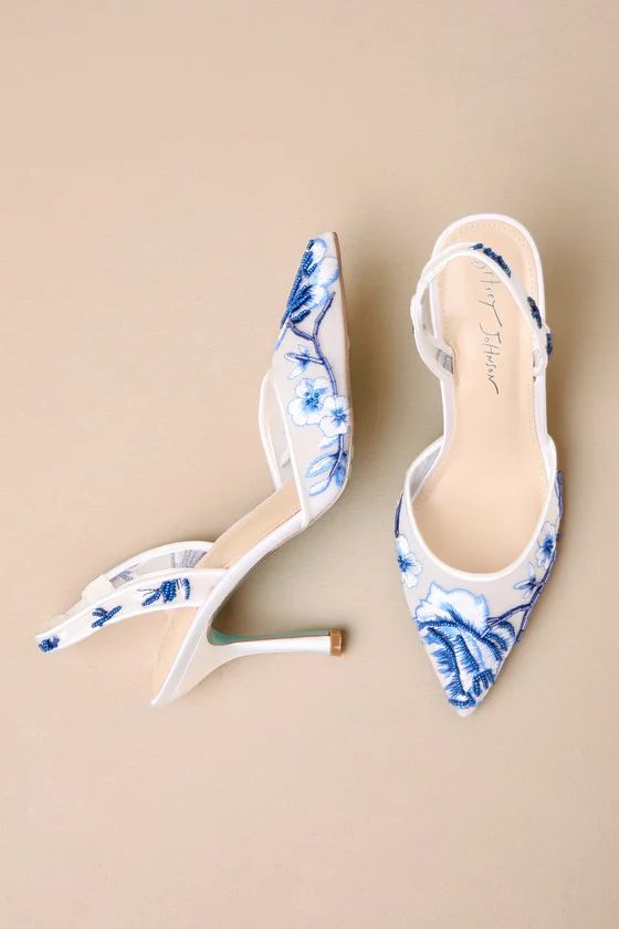 SB-Patch Blue Floral Embroidered Satin Pointed-Toe Pumps | Lulus