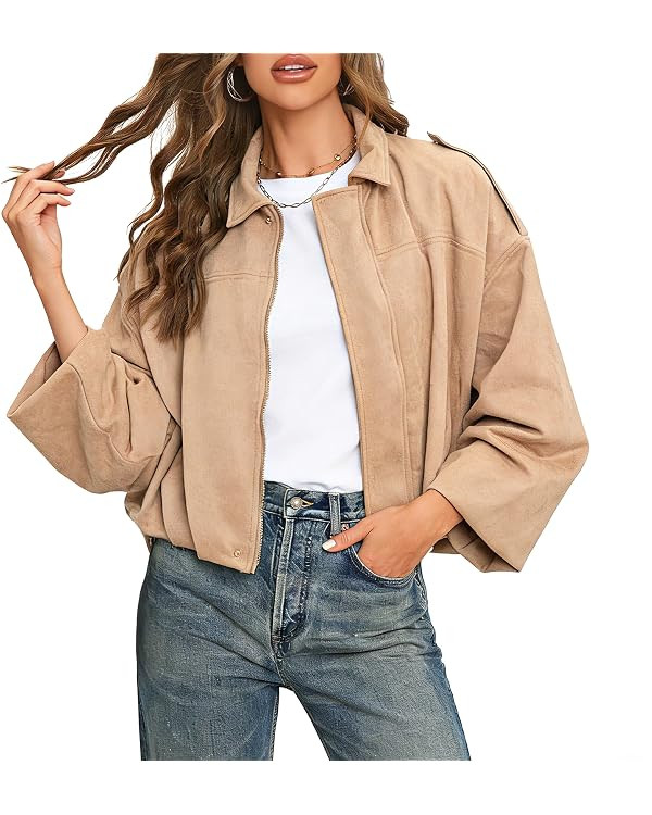 LEACOOLKEY Women's Faux Suede Bomber Jacket Casual Pilot Coat Oversized Spring Fall Batwing Long ... | Amazon (CA)