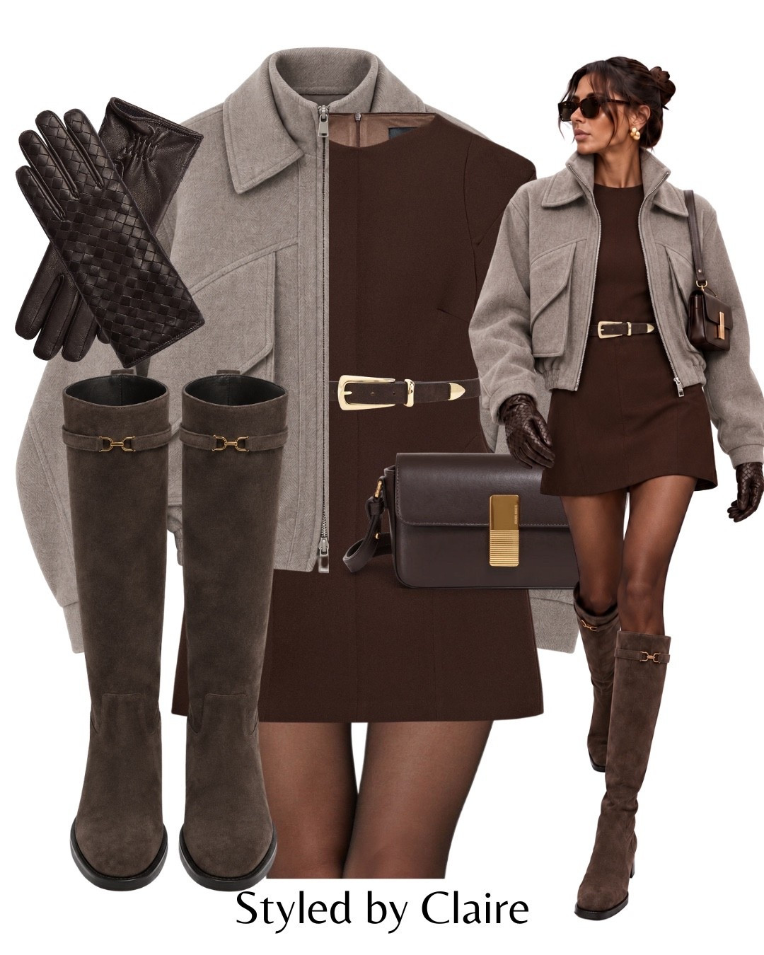 CHIC GIRL STYLING🖤
Tags: zara chocolate brown cap sleeve mini dress suede belt grey knit jacket oversized pockets knee high Massimo dutti  boots bottega woven gloves Parisian city break inspo outfit ideas date night girls trip Paris London Parisian style