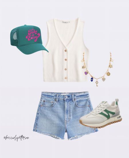 Trucker hat, mom short, women’s sneakers, women’s vest, charm necklace, casual spring outfit

#LTKSeasonal #LTKSpringSale