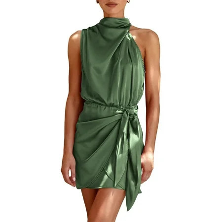 PRETTYGARDEN Women's Short Formal Satin Dress Summer Sleeveless Mock Neck Tie Waist Cocktail Party Dresses | Walmart (US)