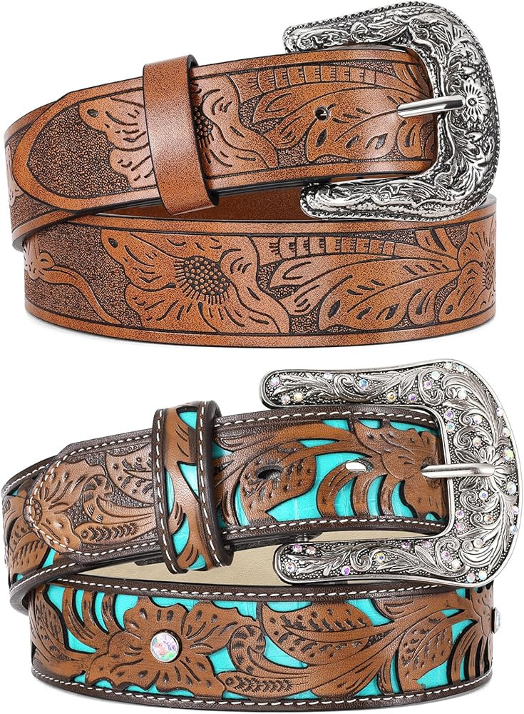 WERFORU 2 Pack Women Western Leather Belts for Jeans Western Belts with Big Buckle Country Belts ... | Amazon (US)