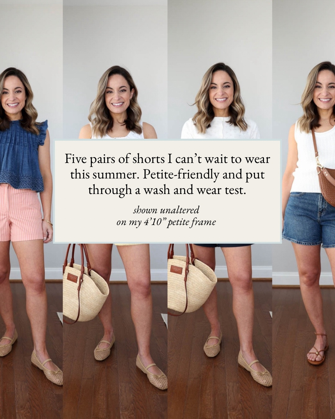 Five pairs of shorts I can’t wait to wear this summer. 

Aritzia Lodge Shorts: XS | 5" inseam
Cardigan (Old Navy): Petite XS

J.Crew Chino Shorts: 24 | 4" inseam 
Denim Top (Anthropologie): XXS

Abercrombie Dad Shorts: 25 in white and medium wash | 5" inseam 
Red Top (Abercrombie) XS
White Sweater Tank Top (Quince): XS

Abercrombie Cotton Shorts: XXS | 3" inseam
White Top (Abercrombie): XXS

Flats (J.Crew Factory) true to size
Sandals (Dolce Vita) true to size)

I’m 4’10”, and my bust, waist, and hip measurements are 32″, 24″, and 36″. My ankle inseam is 25". 

 

#LTKPetite