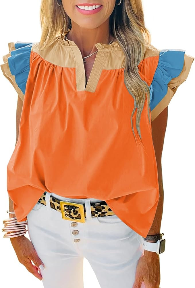 Tankaneo Womens Ruffle Color Block Tank Tops Summer Casual Dressy V Neck Pleated Blouse Loose Fit... | Amazon (US)