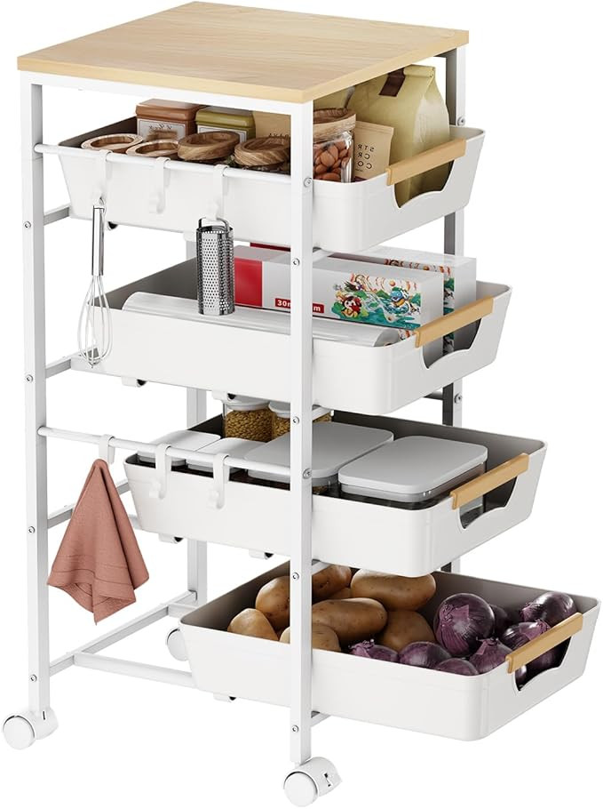 5-Tier Kitchen Storage Cart, Wood Top Rolling Cart Organizer with Pull-Out Baskets & Wheels, Meta... | Amazon (US)