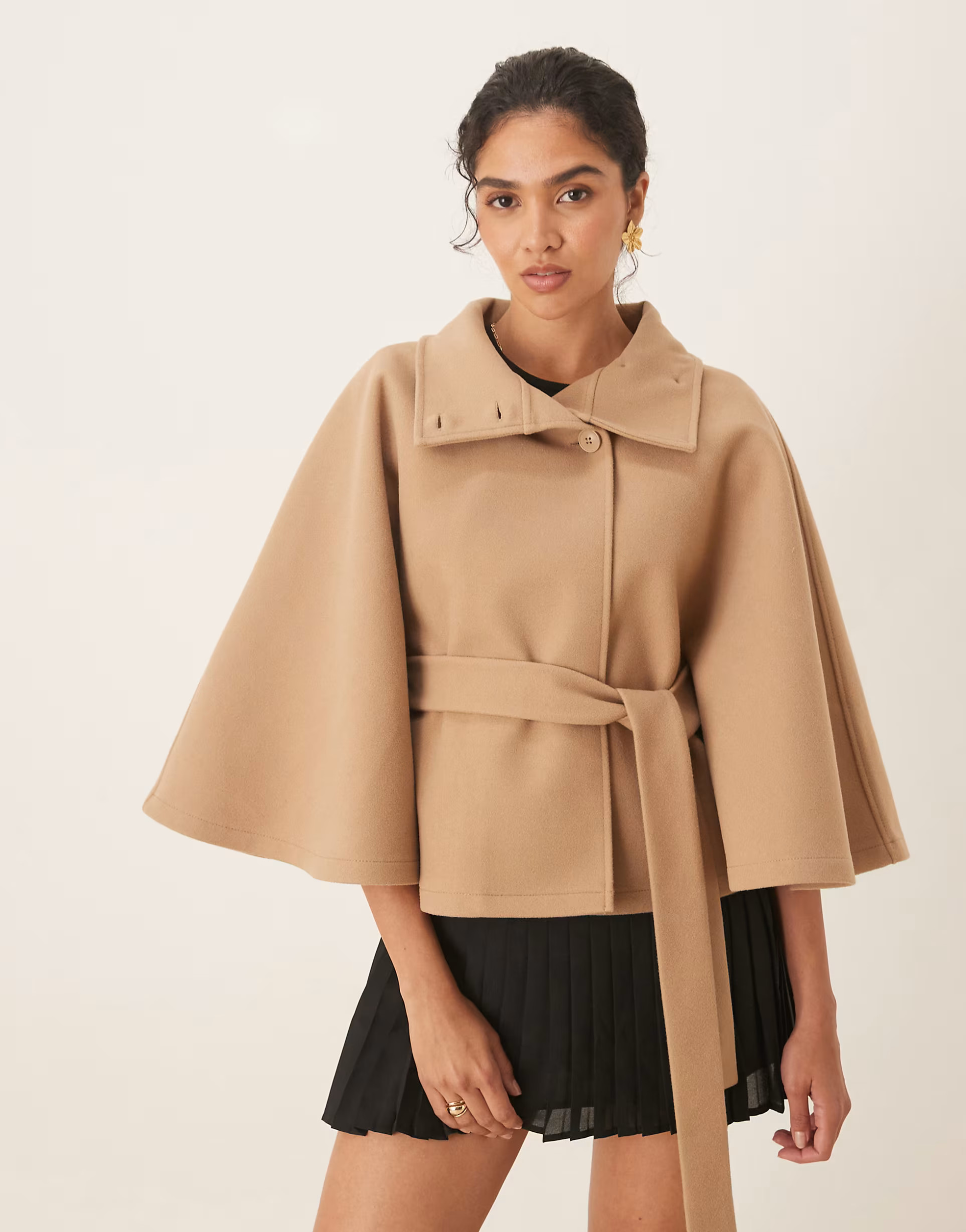 Gina Tricot funnel neck belt cape jacket in beige | ASOS (Global)