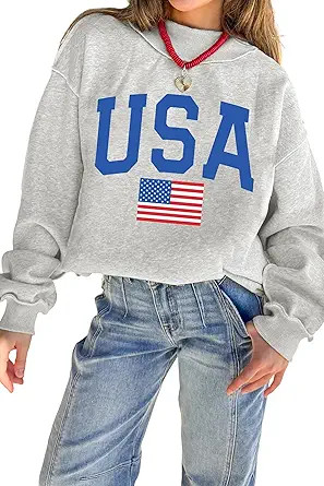 Women's Summer Tops Light Grey Mock Neck Reversible USA/America Graphic Sweatshirt Dressy Going O... | Amazon (US)