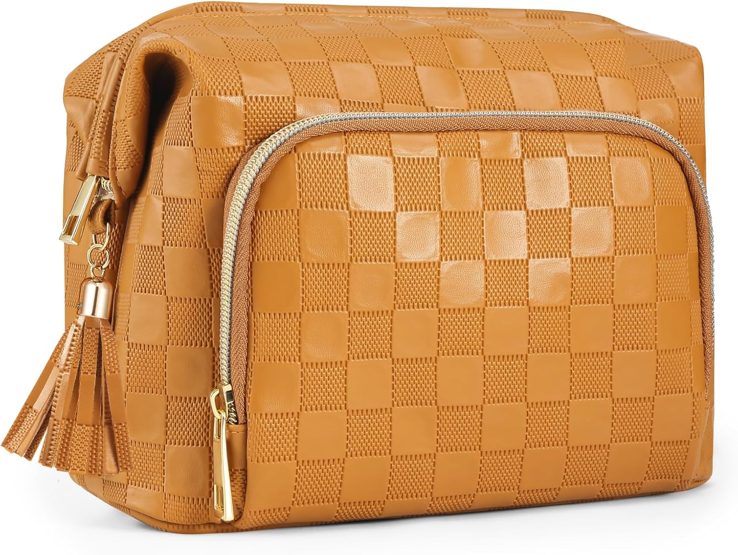 Travel Makeup Bag Organizer PU Leather Checkered Cosmetic Bag for Women Waterproof Portable with ... | Amazon (US)