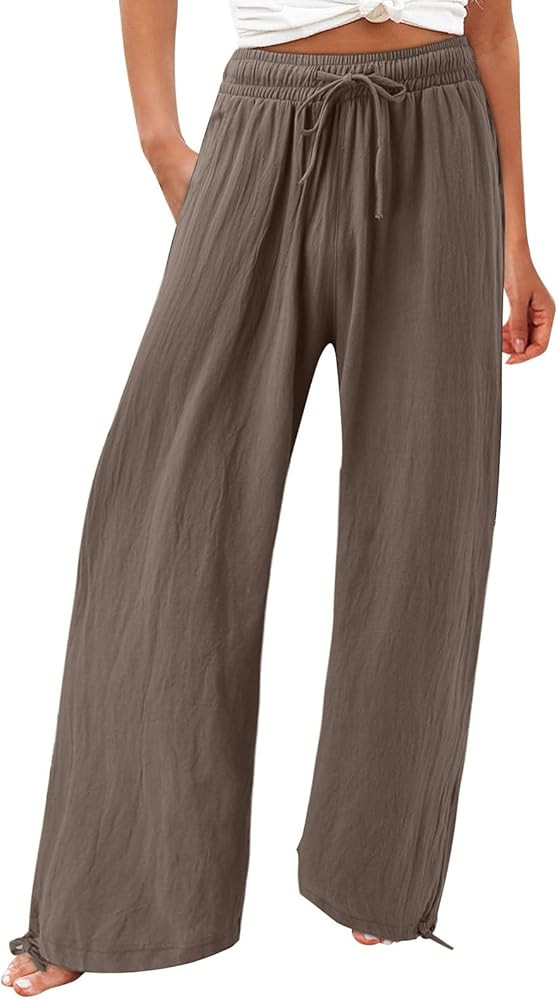 Linen Pants for Women Summer High Waiste Brown Wide Leg Pants Outfit Tan Pants Outfit Beach Pants | Amazon (US)