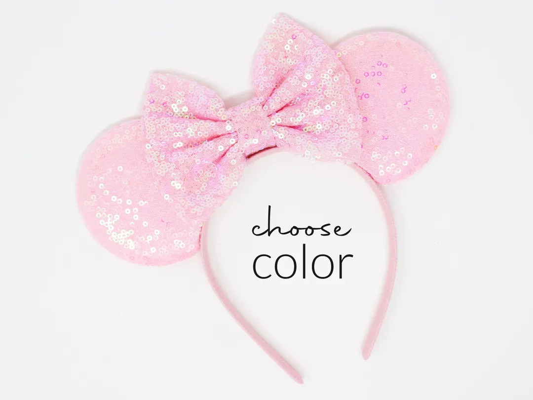 Candy Pink Sequin Mouse Ears Headband | Choose Bow Color | Etsy (US)