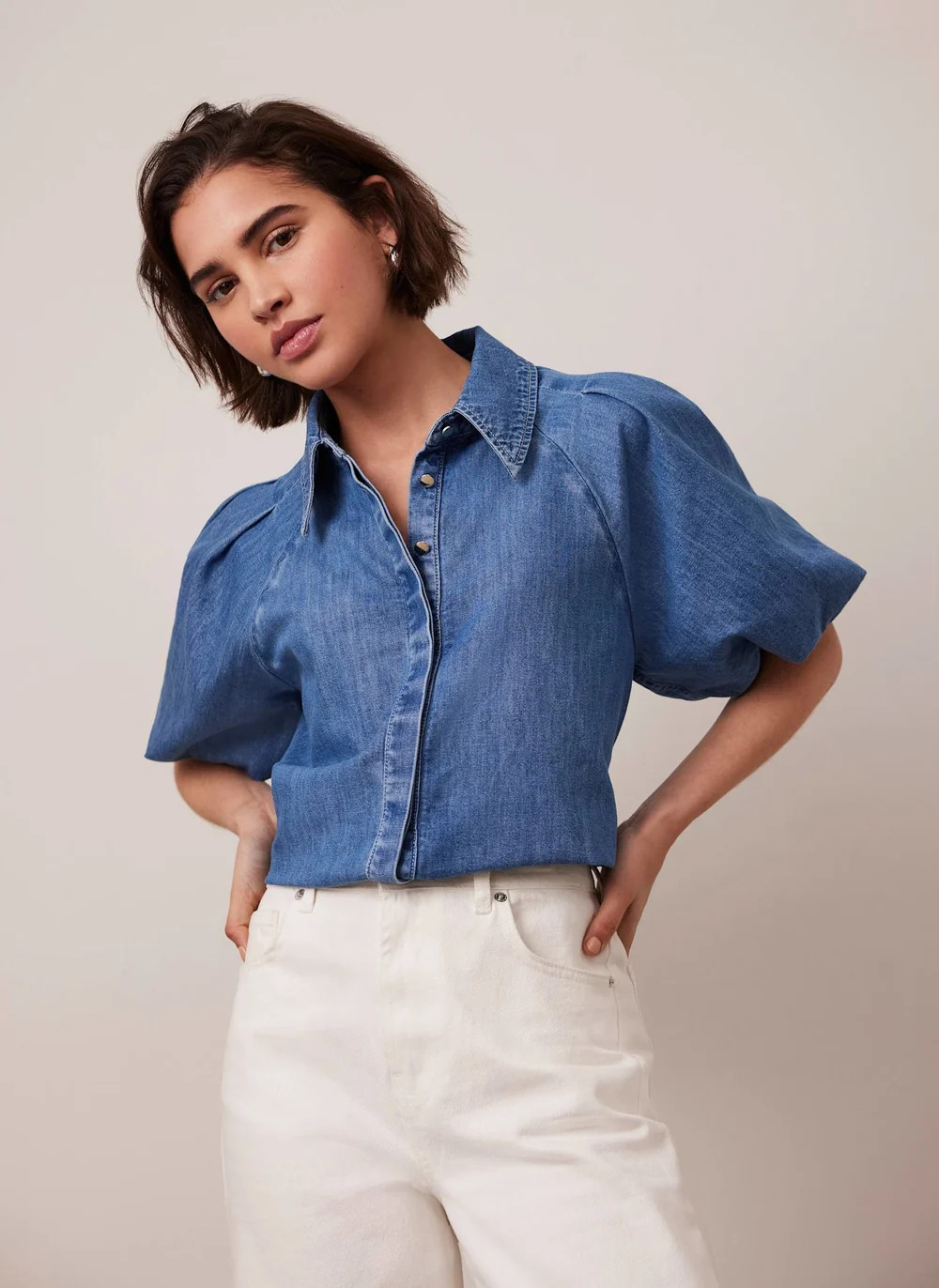 Indigo Denim Puff Sleeve Shirt | Mint Velvet