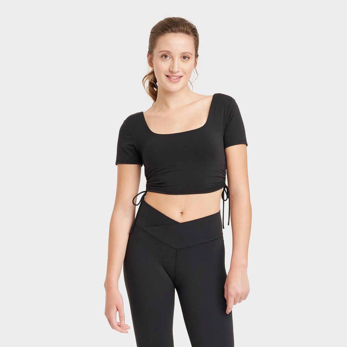 Women's Side Cinch Crop Short Sleeve Shirt - JoyLab™ Black XS | Target