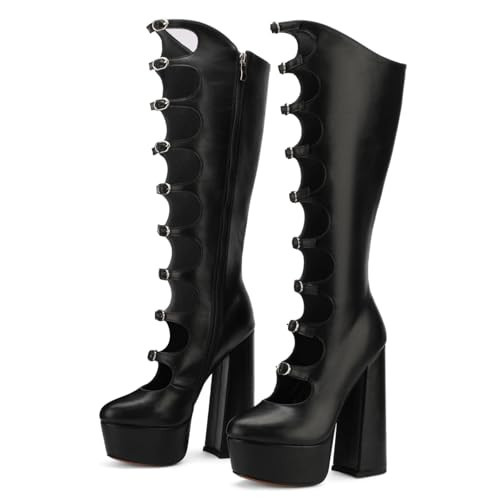 FancyQueen Black Platform Boots Gothic Boots for Women, Knee High Chunky Platform Heels, Black Lolita Buckle Block Heels, Punk Combat Mid Calf Shoes | Amazon (US)