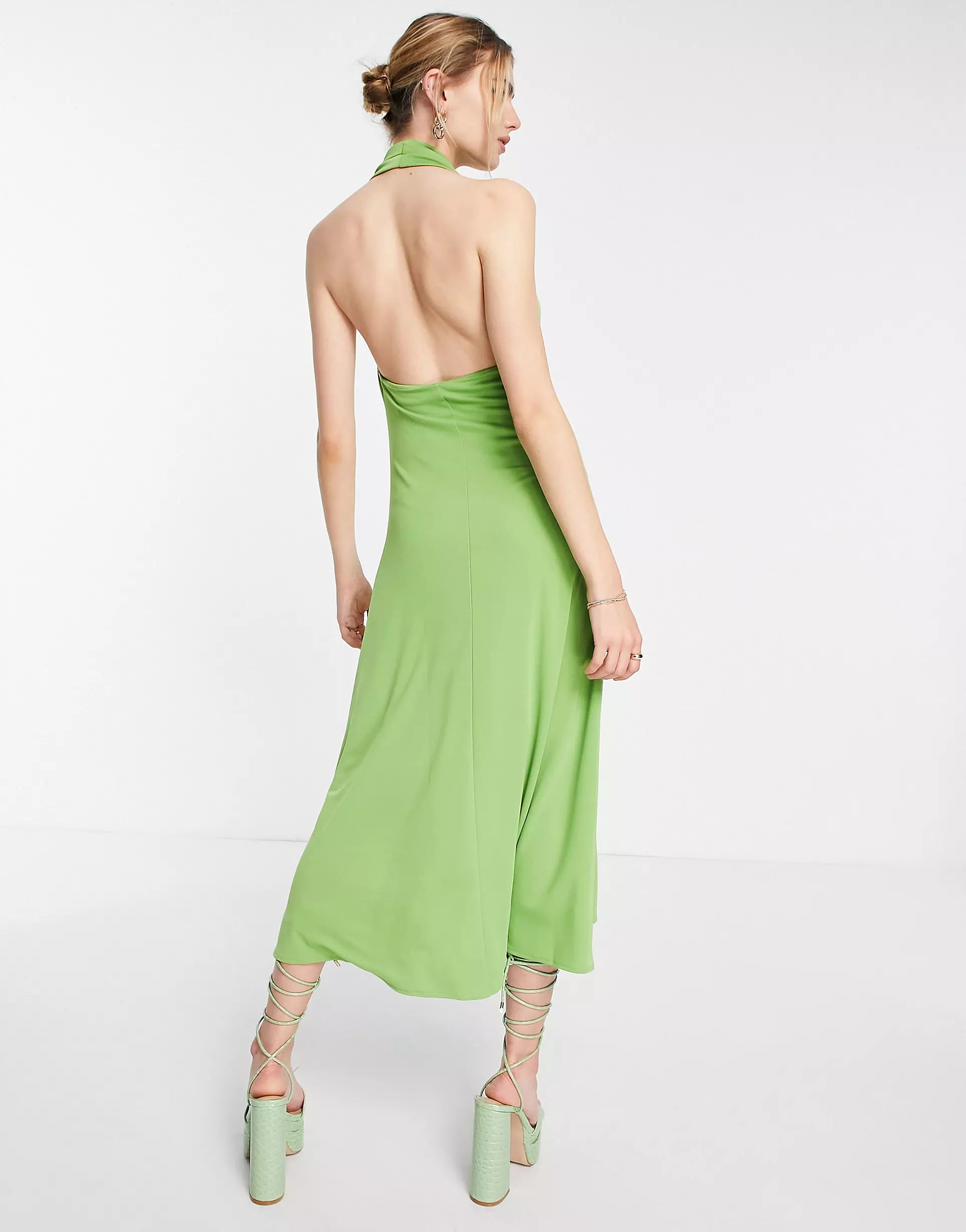 Mango halterneck draped front midi dress in light green | ASOS (Global)