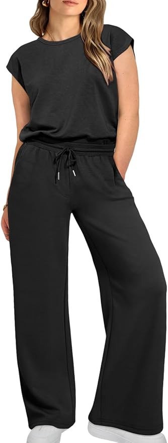 Eytino Womens Plus Size 2 Piece Tracksuit Outfit Casual Cap Sleeve Tops High Waist Pants Lounge S... | Amazon (US)