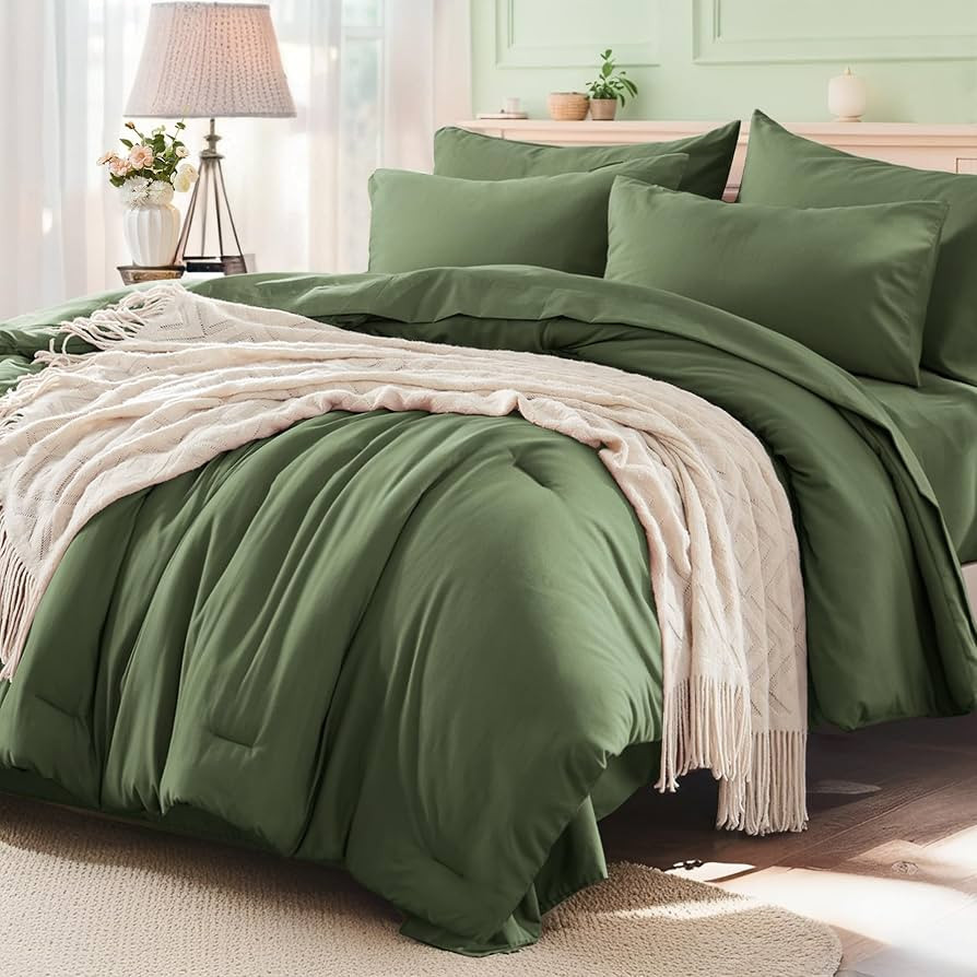 Anluoer Queen Comforter Set 7 Pieces, Green Bed in a Bag Queen Size, Lightweight Bedding Set with... | Amazon (US)