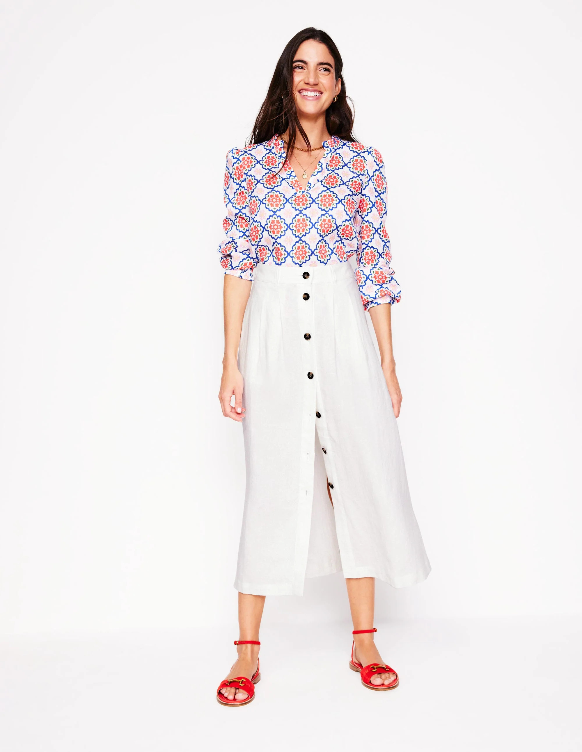Boden Women's Thomasina Linen Midi Skirt in White | Size 14 | Boden UK