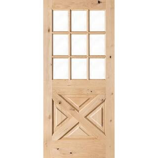 36 in. x 80 in. Rustic Knotty Alder 9-Lite Clear Glass with X-Panel Unfinished Wood Front Door Sl... | The Home Depot