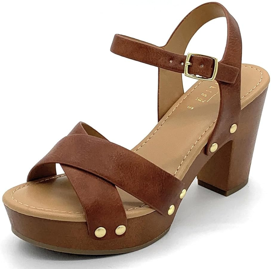 STYLISH S SHIFT - Womens Open Toe Studded Double Cross Band Ankle Strap Faux Wood Platform Heel S... | Amazon (US)
