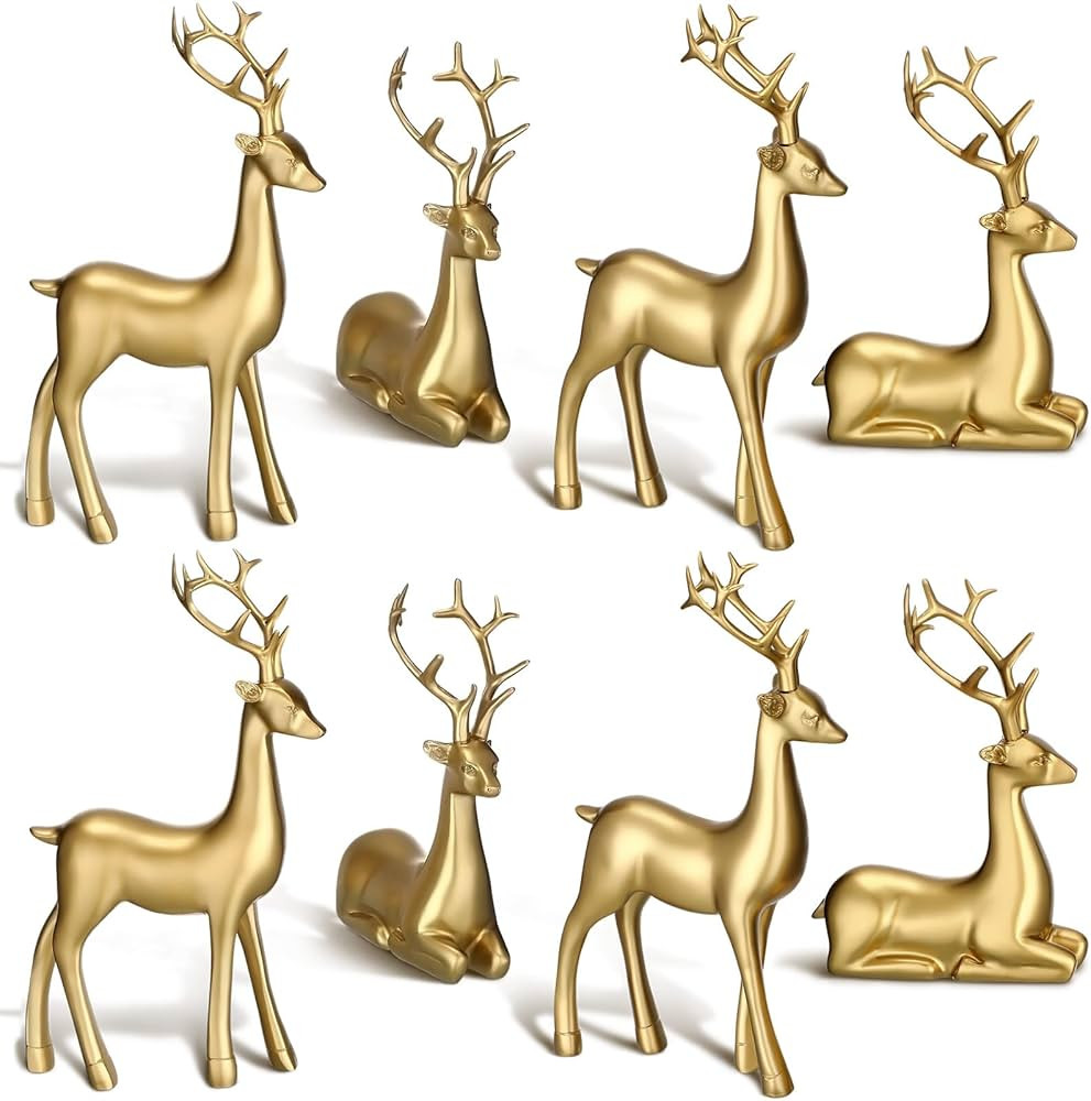 Wenqik 8 Pcs Christmas Reindeer Figurines Gold Deer Christmas Decor Xmas Sitting Standing Deer St... | Amazon (US)