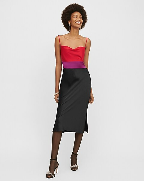 Satin Color Block Tier Cowl Neck Midi Slip Dress | Express