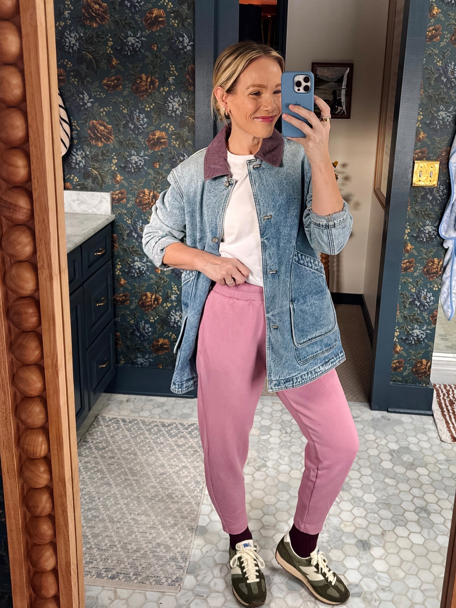 Varley sweatpants code HELLOVARLEY wearing an xs, 25L (I'm 5'3), I've had them a while and think they got put through the dryer at some point so they're showing a tad bit shorter in this photo ~ new balance sneakers true to size ~ madewell perfect white tee wearing my regular size small ~ J.Crew jacket is sold out but linked similar options from Pistola (code LATELY15), Quince & Alex Mill. everyday Bauble bar earring stack, pepper bra, eby underwear (size up to medium) ~ xo, Claire

#LTKootd #LTKmomlife #LTKSaleAlert