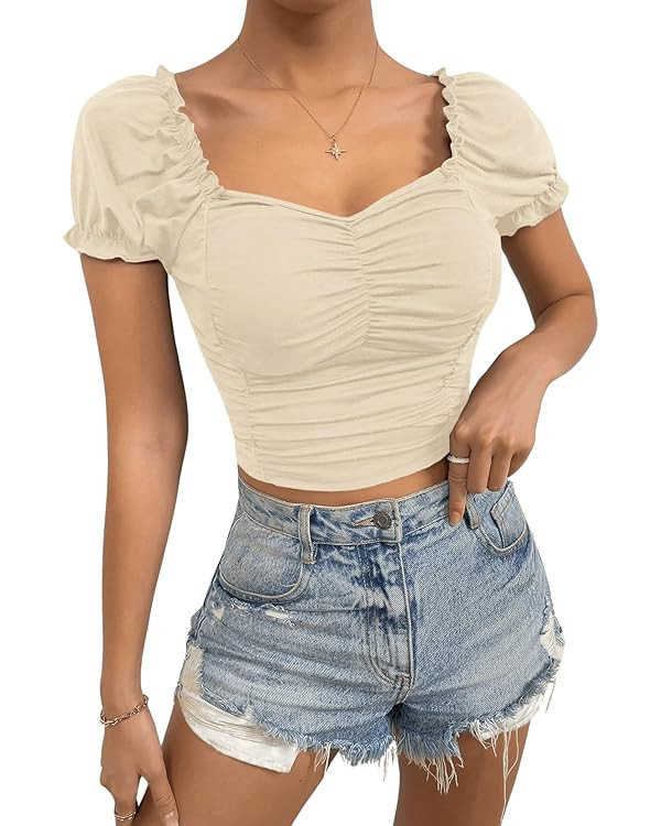 SweatyRocks Women's Ruched Short Puff Sleeve Tops Sweetheart Neck Frill Trim Elegant Shirts Crop ... | Amazon (US)