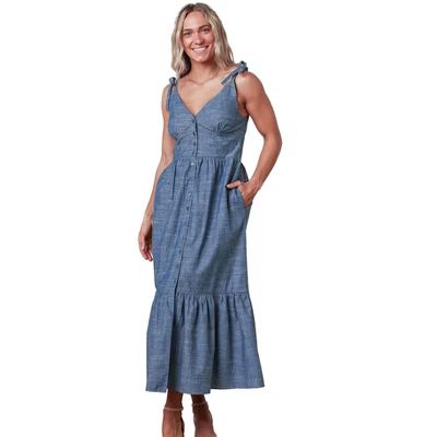 Hope & Henry Women's Bow Shoulder Button Front Chambray Maxi Dress | Target