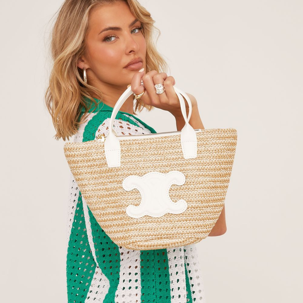 Tove Logo Detail Beach Bag In White Faux Leather And Beige Woven | EGO (UK)