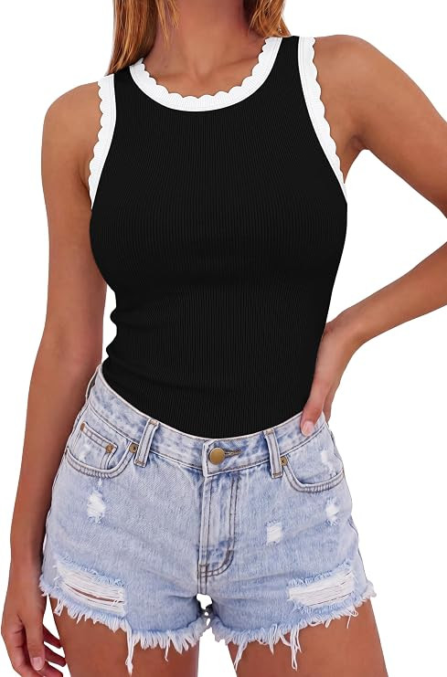 Sampeel Womens Tank Tops Fitted Sleeveless Ruffle Crew Neck Ribbed Knit Shirts 2026 Cute Summer F... | Amazon (US)