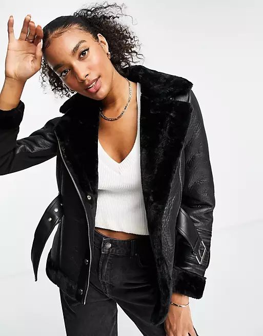 River Island faux fur aviator jacket in black | ASOS (Global)