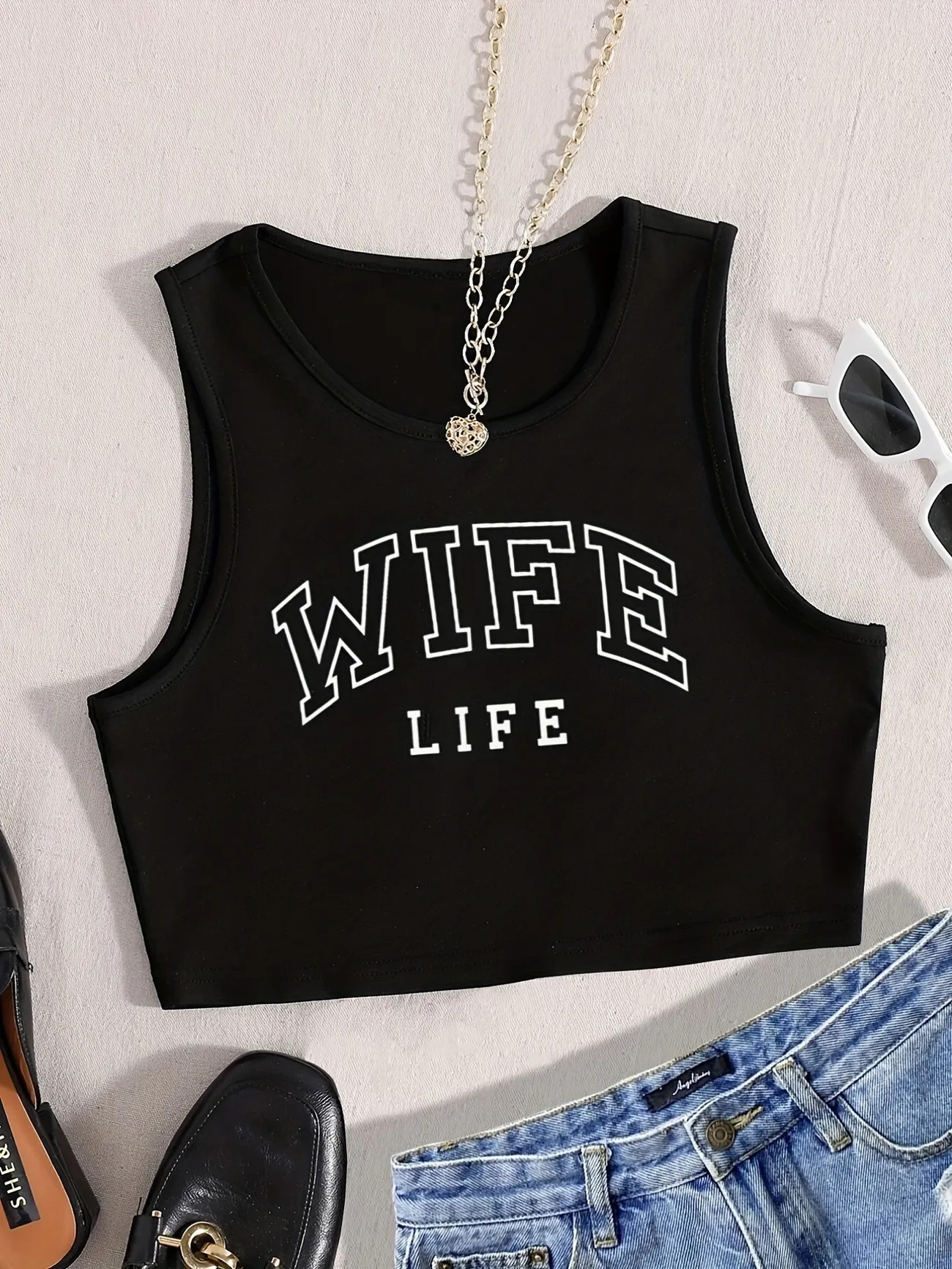 Wife Life Print Crop Tank Top, Sleeveless Casual Crop Top For Summer, Women's Clothing | Temu Affiliate Program