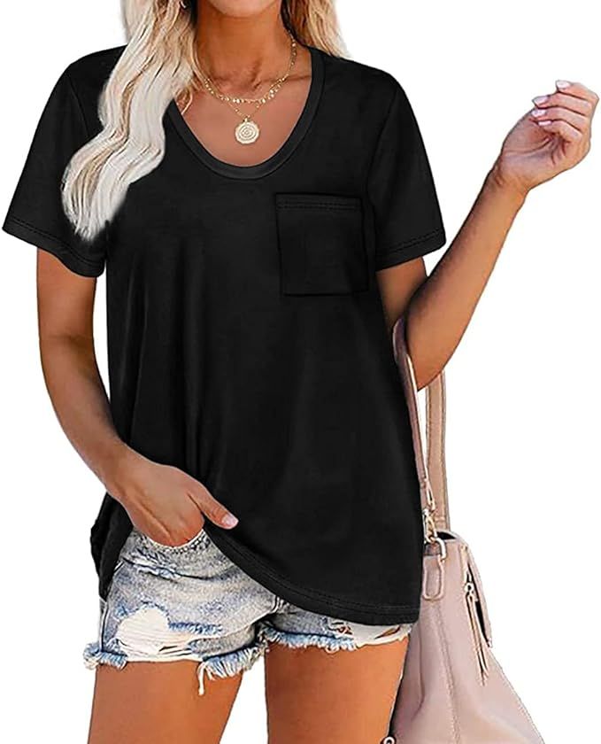 Yidarton Women Summer T Shirts Loose Fit Short Sleeve Scoop Neck Pocket Tee Tops | Amazon (US)