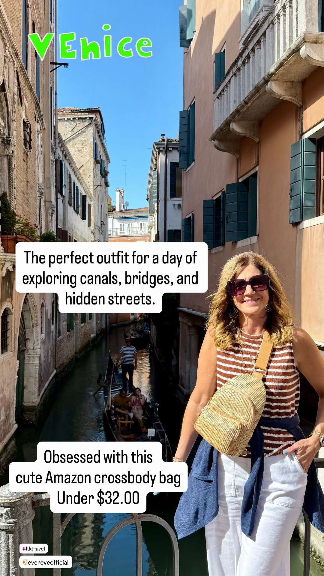 Travel Outfit 

🇮🇹 Venice Day 1 Outfit

This ended up being the perfect sightseeing look!

✨ Striped knit tank
✨ White utility pants
✨ Amazon crossbody backpack
✨ Sunglasses & accessories

Comfortable enough for miles of walking and cute enough for all the vacation photos.

Everything linked here ⬇️#LTKStyleTip #LTKVacationStyle
#VeniceStyle
#VeniceItaly
#TravelOutfit
#EuropeTravel
#MediterraneanCruise
#VacationStyle
#WhitePants
#UtilityPants
#StripedTop
#TravelFashion
#TravelStyle
#AmazonFashion
#AmazonFinds
#CruiseStyle
#ItalyTravel
#VacationOutfit
#SummerStyle

#ShopMyStyle
#Over50Style

#LTKTravel #LTKTravel