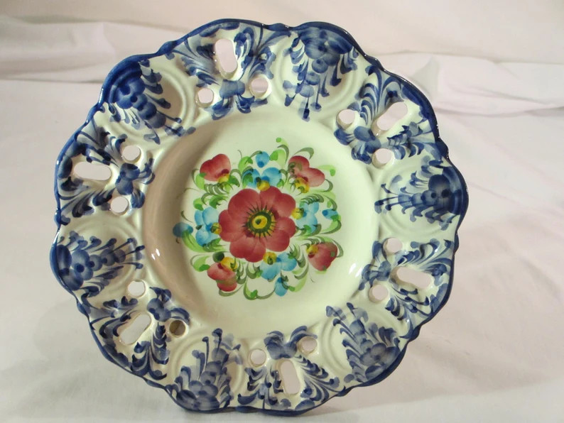 Vintage Vestal Alcobaca Portugal Plate Blue Hand Painted Pierced Ceramic Plate Collectibles Home ... | Etsy (US)