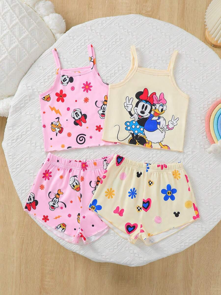 Disney 4pcs Tween Girls Mickey Mouse Family Cartoon Print Camisole And Shorts Set, Versatile Casu... | SHEIN