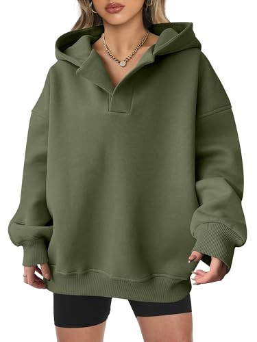 ANRABESS Womens Oversized Hoodies V Neck Sweatshirts Fleece Long Sleeve Pullover Y2K Clothes 2025 Fall Trendy Outfits army green XS | Amazon (US)