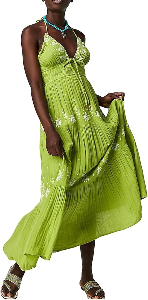 ebossy Women's Summer Boho Embroidered Daisy Maxi Dress Halter Shirred V Neck Backless Flowy Vaca... | Amazon (US)