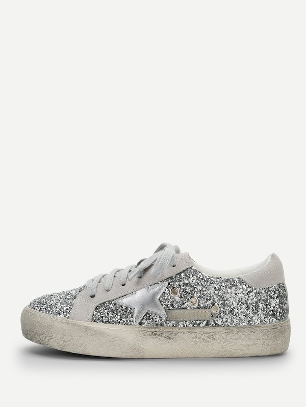 Star Detail Glitter Lace Up Sneakers | SHEIN