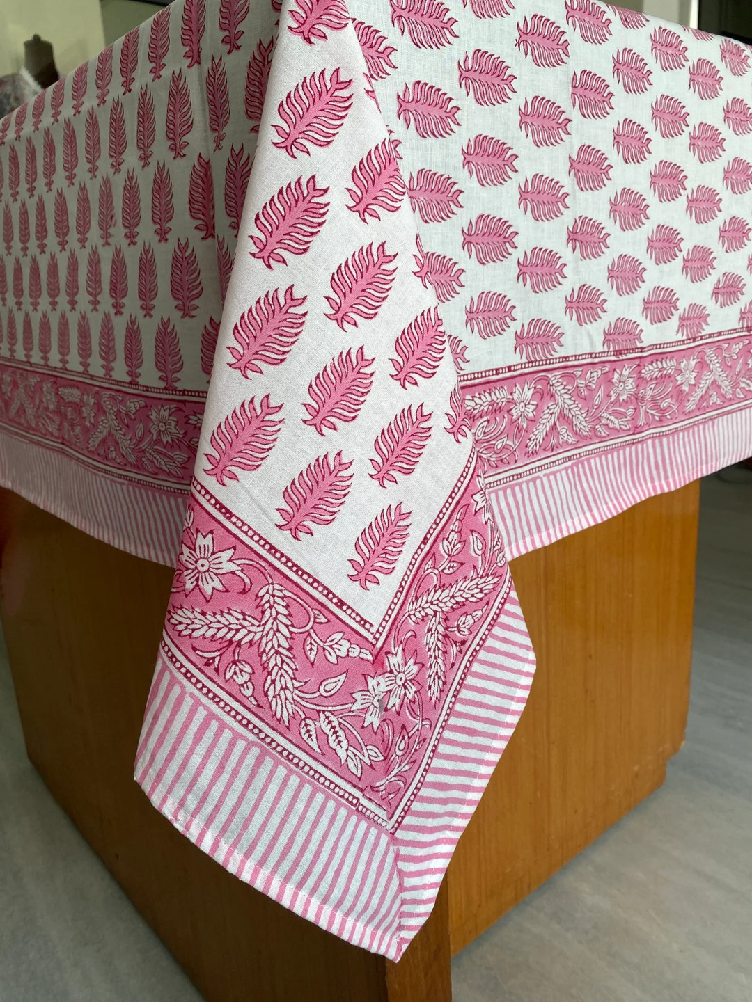 Taffy Pink Indian Hand Block Leaf Print 100% Pure Cotton Tablecloth, Table Cover, Wedding Tablecl... | Etsy (US)